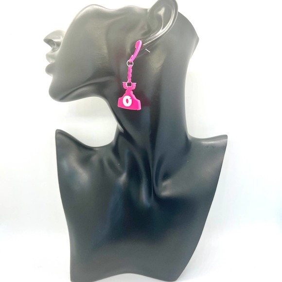 Telephone Earrings - Barbie Earrings - Retro Earrings - Pink Rotary Phone - Picture 6 of 8